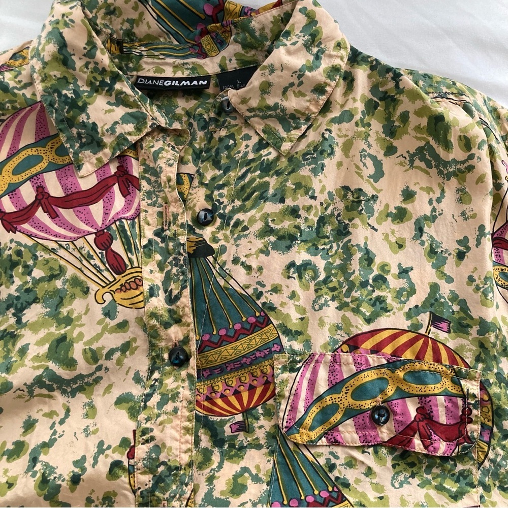 Vintage 90s silk Diane Gillman Hot Air Balloon novelty blouse button up size L - Picture 4 of 12